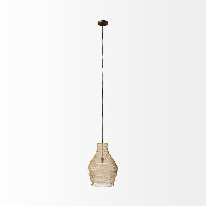 Gold mesh pendant light shown in full with a long black fabric cord and round gold ceiling canopy on white – Transitional
