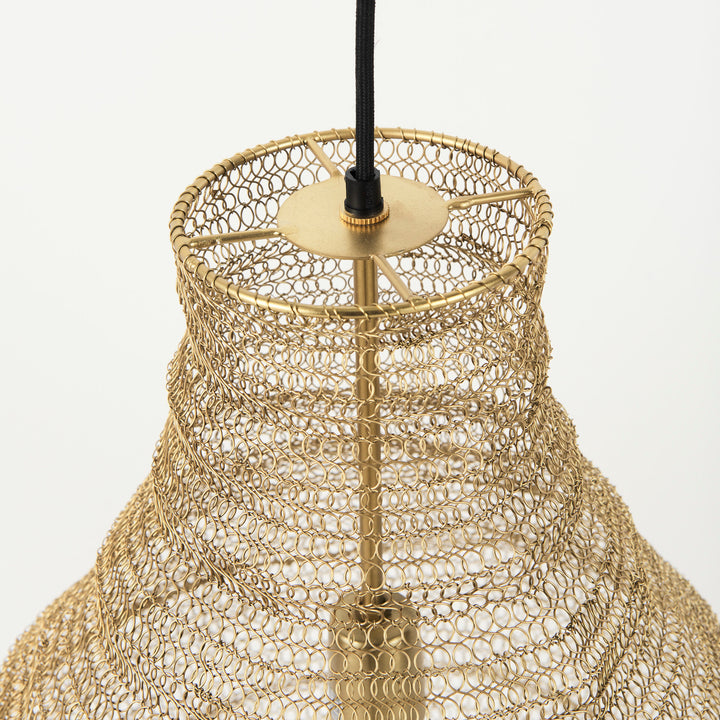 Gold mesh pendant shade close-up showing looped wirework, circular top frame and central black fabric cord – Transitional