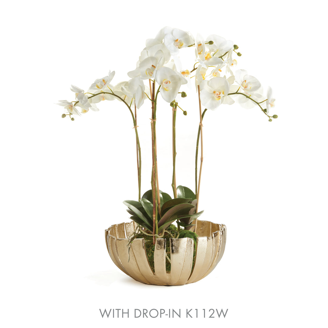Gold decorative metal bowl with white orchid drop-in, modern centerpiece with abstract petal design for home styling.


