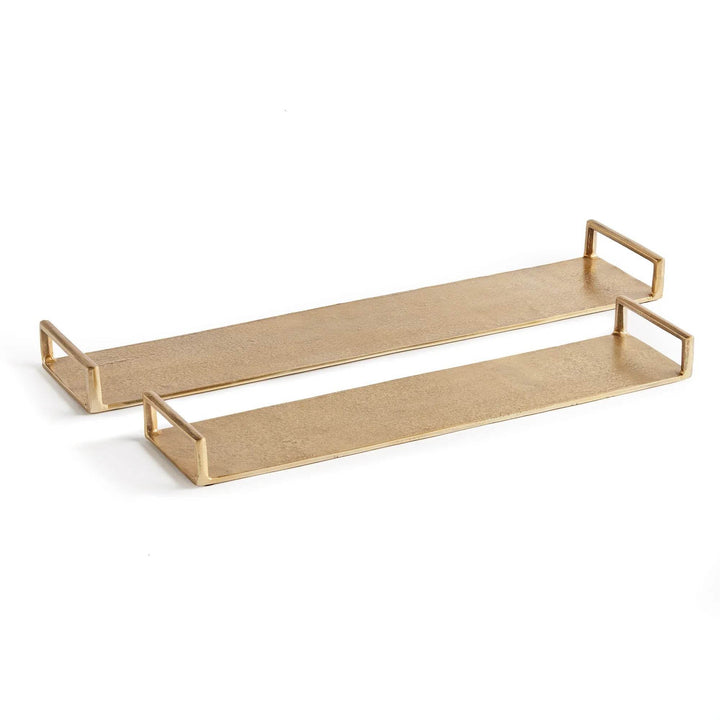 Set of two long gold cast aluminum decorative trays with open rectangular handles on a clean white background – Transitional.