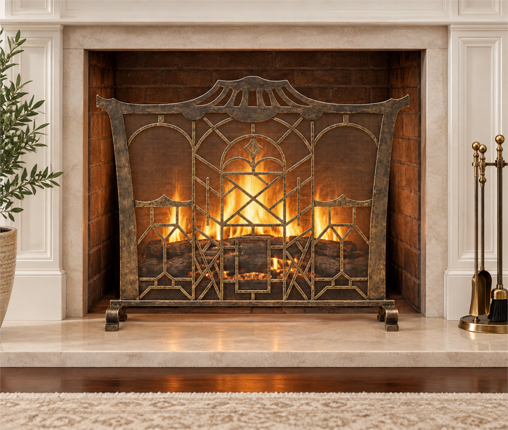 Gold pagoda fireplace screen with geometric ironwork, shown before a lit fireplace within a pale stone surround | Chinoiserie