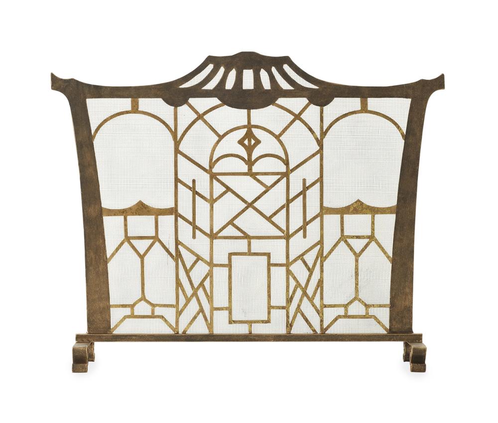 Gold pagoda single-panel fireplace screen with geometric ironwork, mesh backing and fixed legs shown on white | Chinoiserie