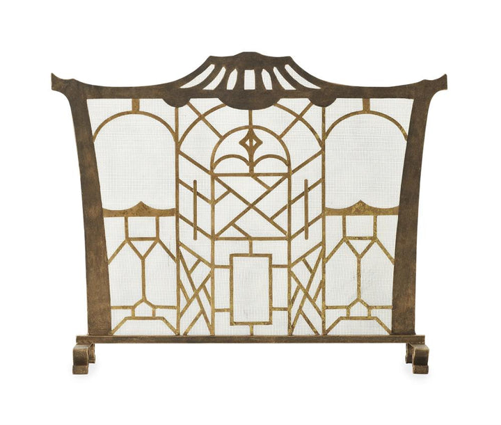 Gold pagoda single-panel fireplace screen with geometric ironwork, mesh backing and fixed legs shown on white | Chinoiserie