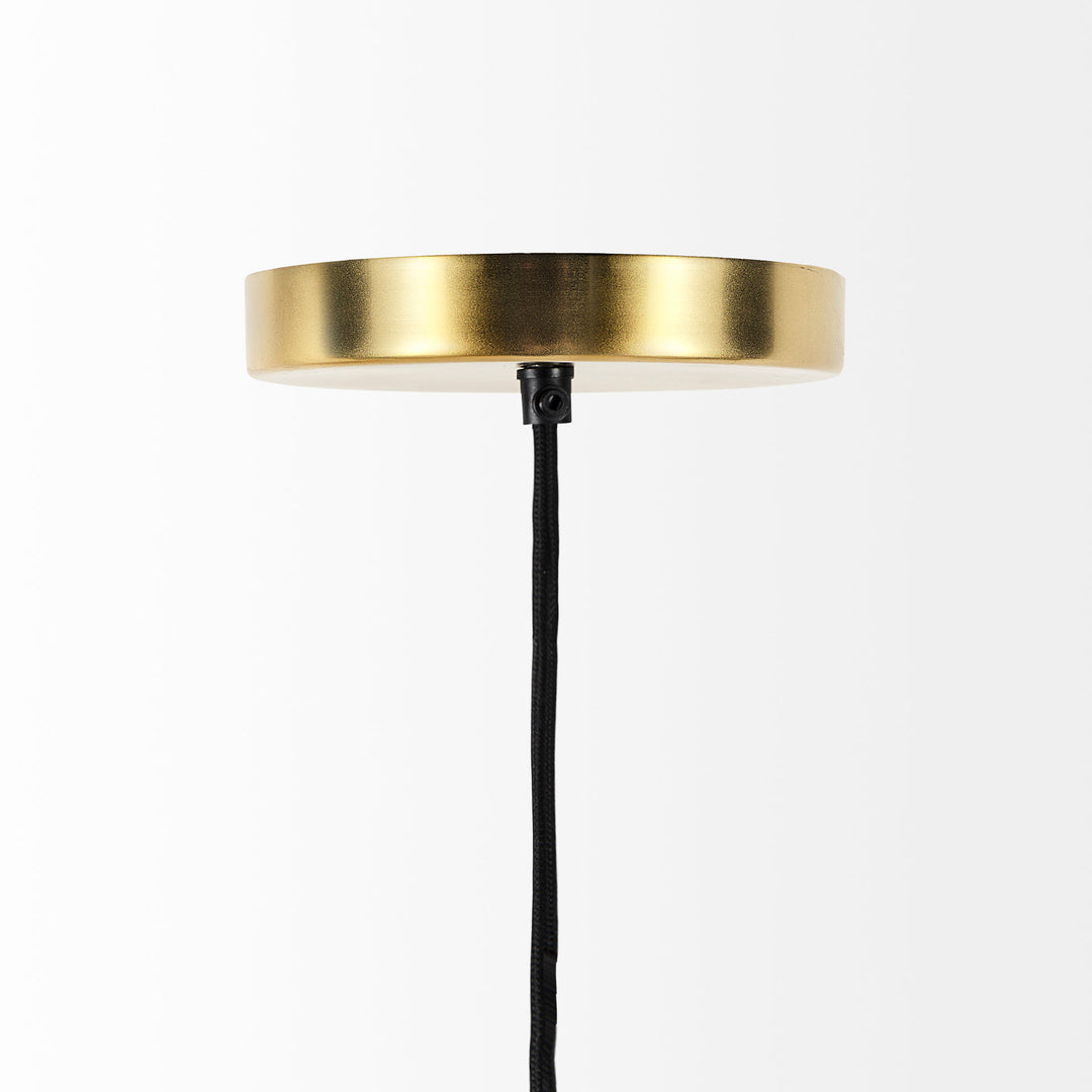 Gold pendant light ceiling canopy seen from the side, with a black fabric suspension cord against plain white – Transitional