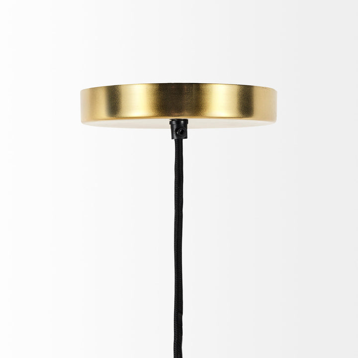 Gold pendant light ceiling canopy seen from the side, with a black fabric suspension cord against plain white – Transitional