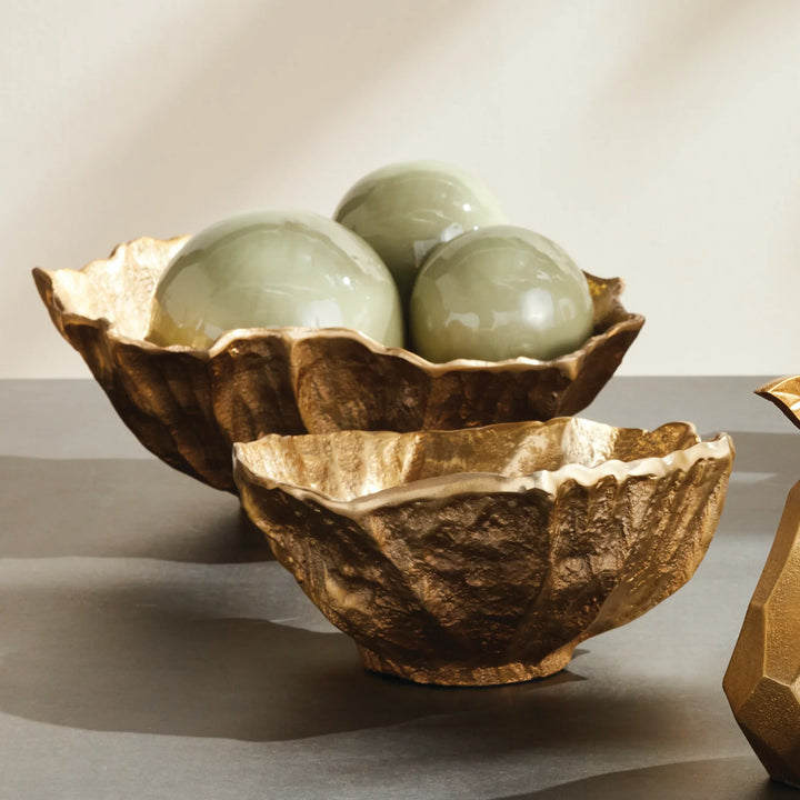 Gold shell bowl decorative centerpiece holding orbs on tabletop, cast aluminum bowl with organic form – Modern Organic
