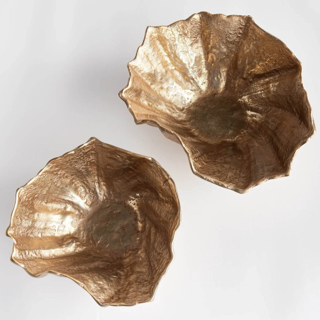 Gold metal decorative bowl set in shell shape with sculptural ridges and layered form shown from multiple angles – Modern Organic