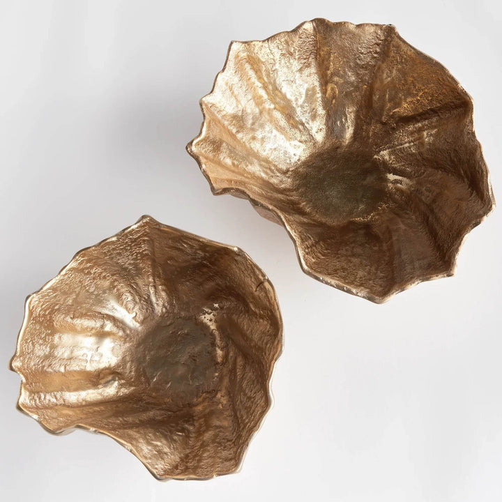 Gold metal decorative bowl set in shell shape with sculptural ridges and layered form shown from multiple angles – Modern Organic