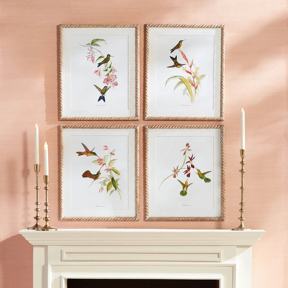 Gold taper candle holders styled on a mantel with artwork above, decorative trio for modern living spaces – Modern.