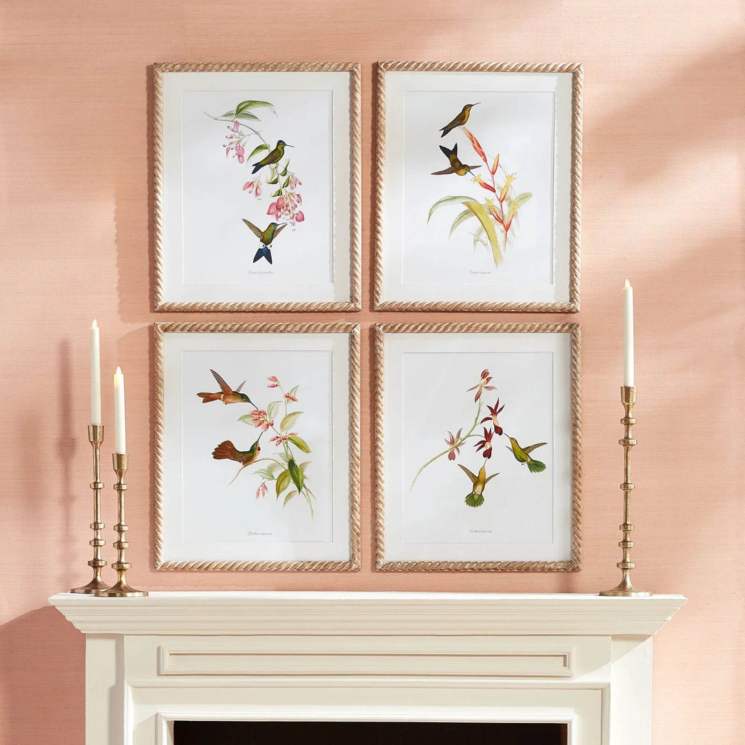 Gold taper candle holders styled on a mantel with artwork above, decorative trio for modern living spaces – Modern.