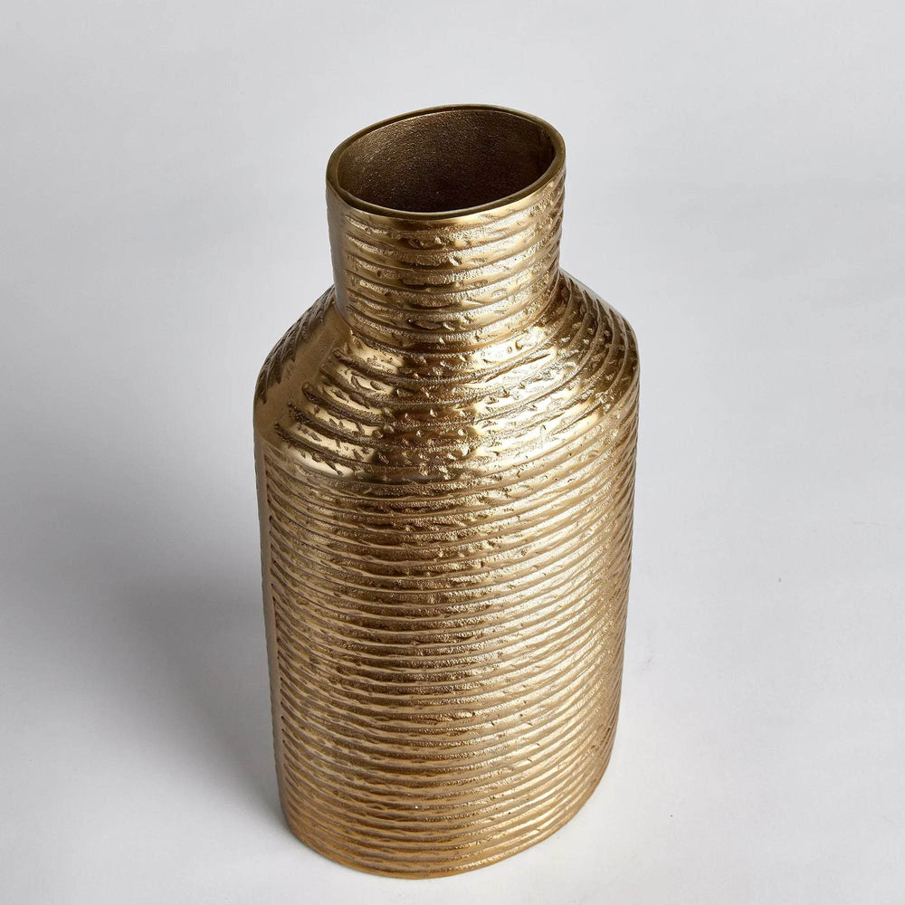 Angled view of gold textured aluminum vase, showing clean silhouette and subtle banding detail

