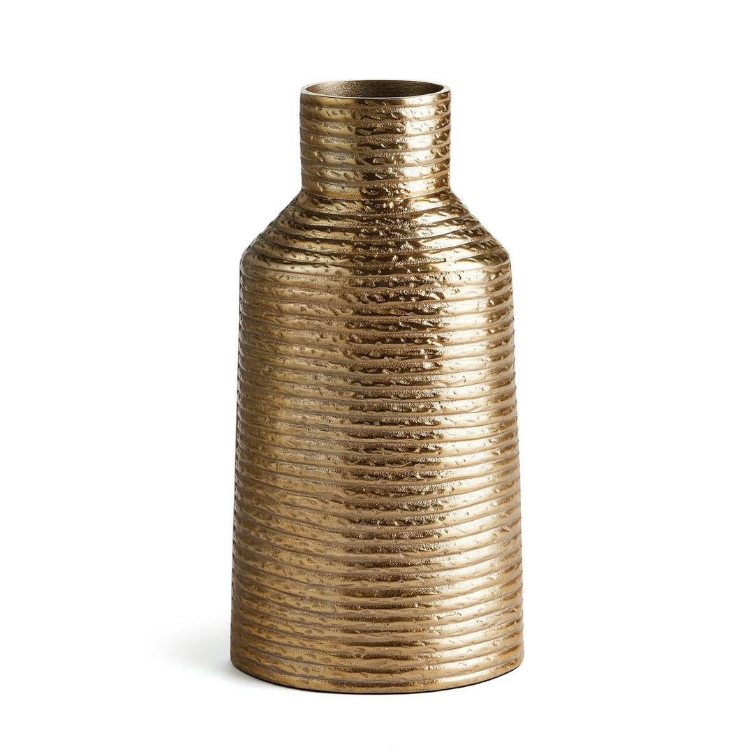 Gold textured aluminum vase, 15.5 inches tall, modern classic sculptural decor for consoles and shelves

