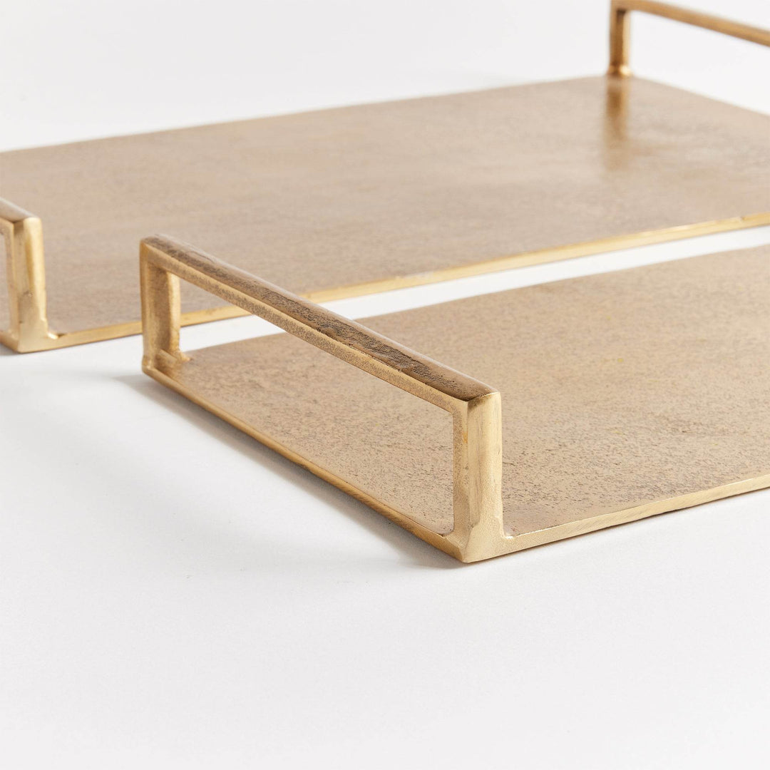 Side profile of gold textured decorative trays, set of two; rectangular frames with open handles, balanced – Transitional.