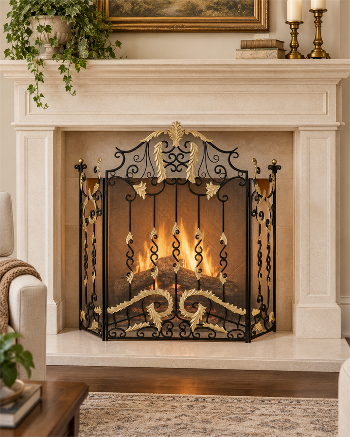 Gold acanthus three-panel fireplace screen shown before a lit fireplace with a pale stone surround and mantel | Traditional