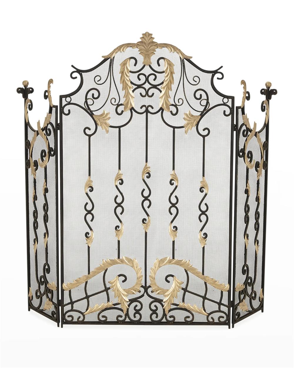 Three-panel iron fireplace screen with mesh backing, dark scrollwork and antique gold acanthus leaf accents | Traditional