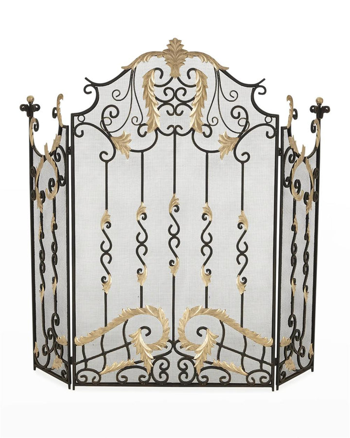Three-panel iron fireplace screen with mesh backing, dark scrollwork and antique gold acanthus leaf accents | Traditional