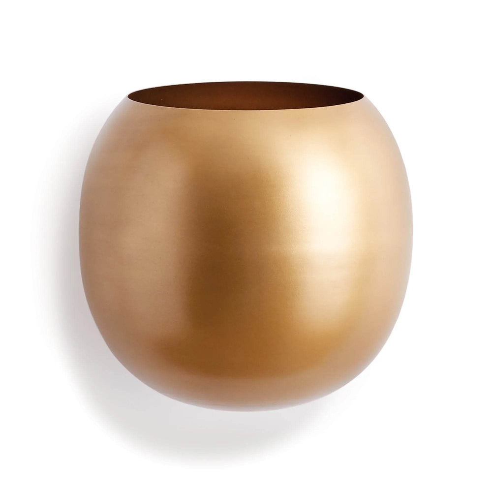 Smooth gold iron wall cachepot with rounded silhouette shown against white background – Modern Organic.

