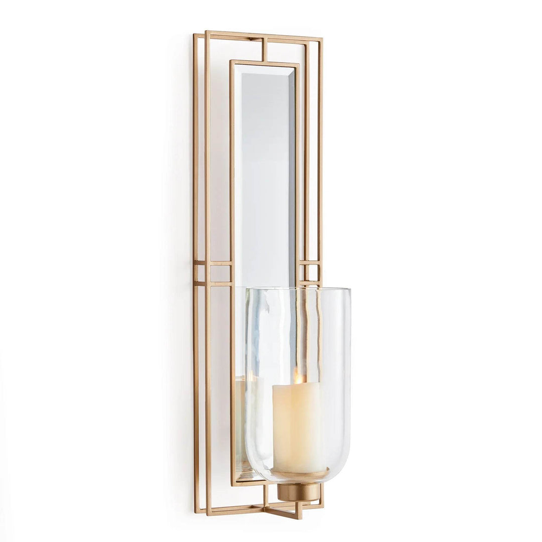 Champagne gold wall sconce with mirrored back panel and glass hurricane, 28 inches tall, front view with LED candle – Transitional décor.