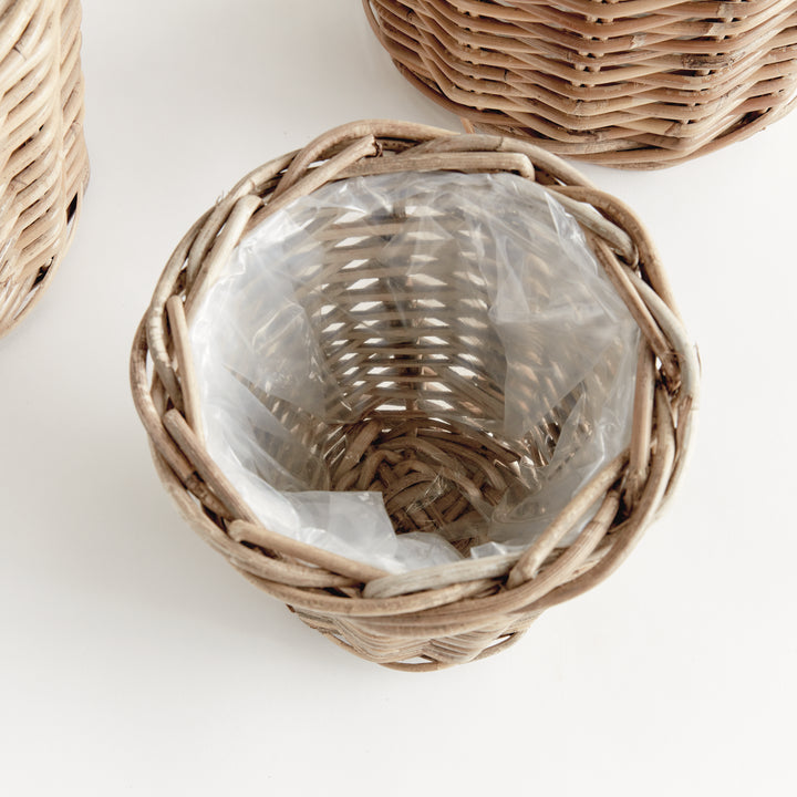 Overhead view into a tapered rattan basket planter showing its woven interior, round rim and plastic liner, Modern Farmhouse