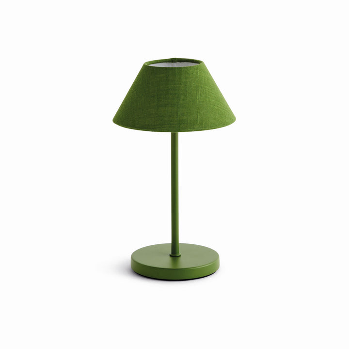 Dark green cordless LED table lamp with linen empire shade, rechargeable battery, and touch dimming controls, 10 inch size – Coastal Transitional