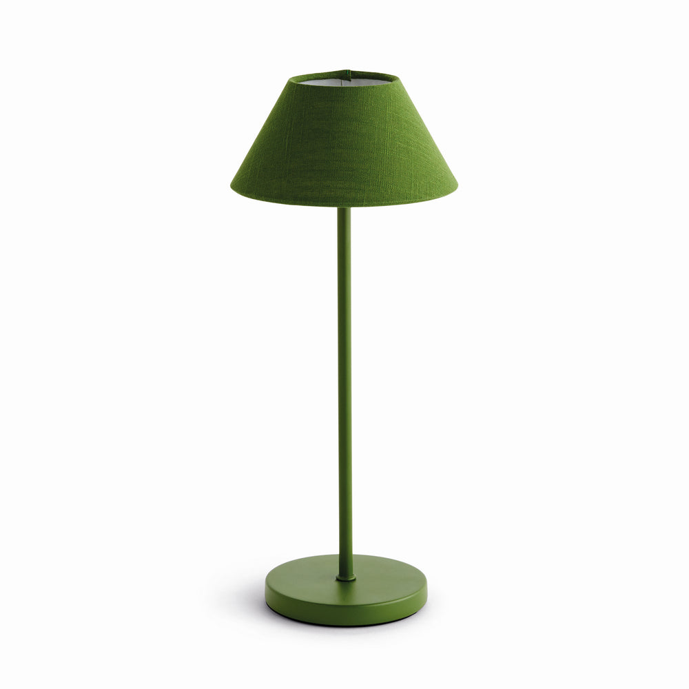 Dark green cordless LED table lamp with linen empire shade, rechargeable battery, and touch dimming controls, 14 inch size – Coastal Transitional