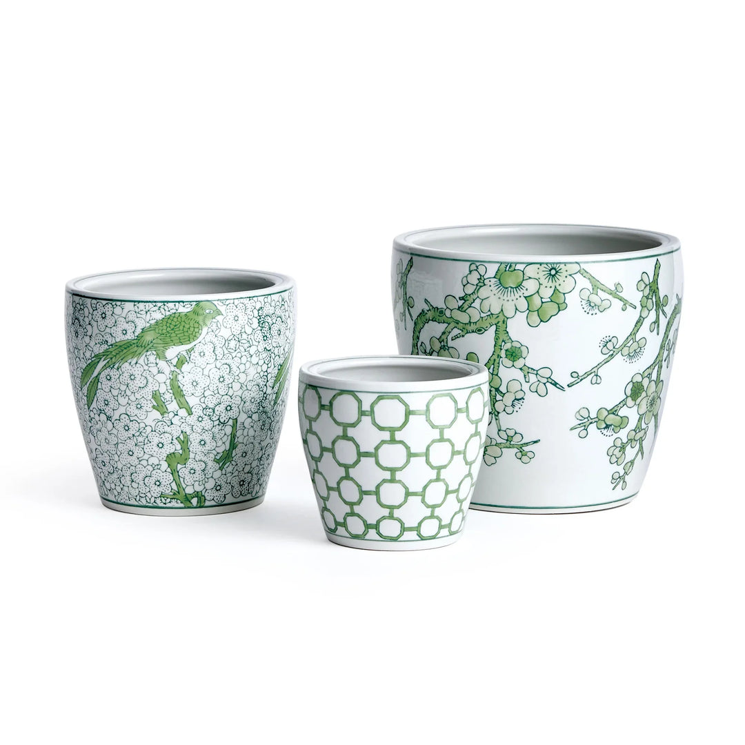 Green and white chinoiserie ceramic planter set of three with assorted patterns and drainage holes for indoor plants – Chinoiserie