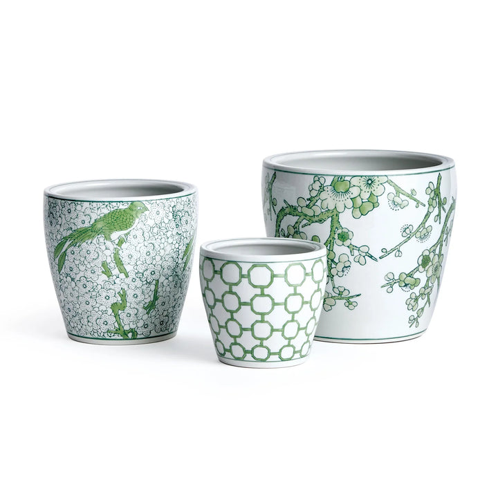 Green and white chinoiserie ceramic planter set of three with assorted patterns and drainage holes for indoor plants – Chinoiserie