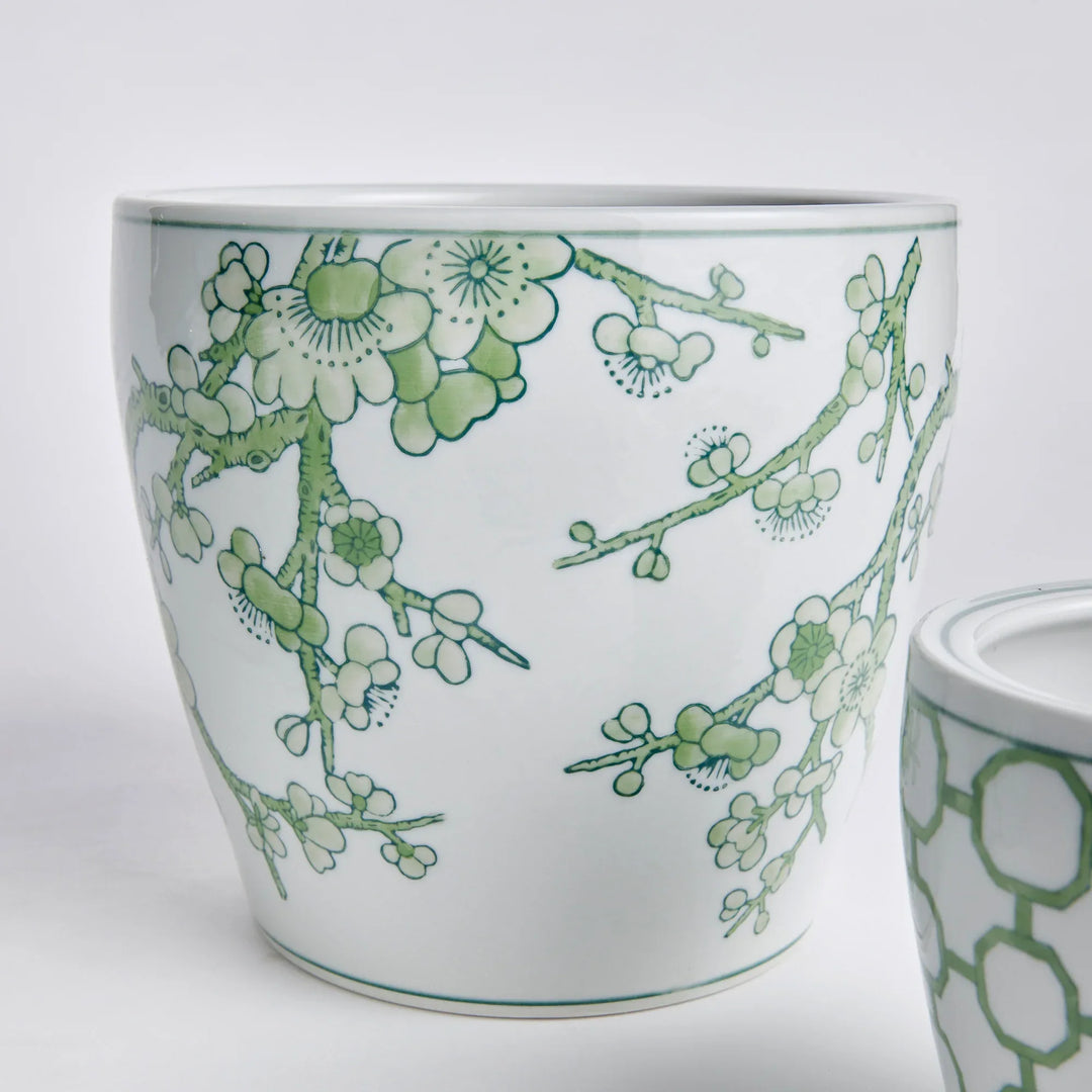 Green and white ceramic planter with chinoiserie floral branch pattern and smooth glazed finish, decorative plant pot – Chinoiserie