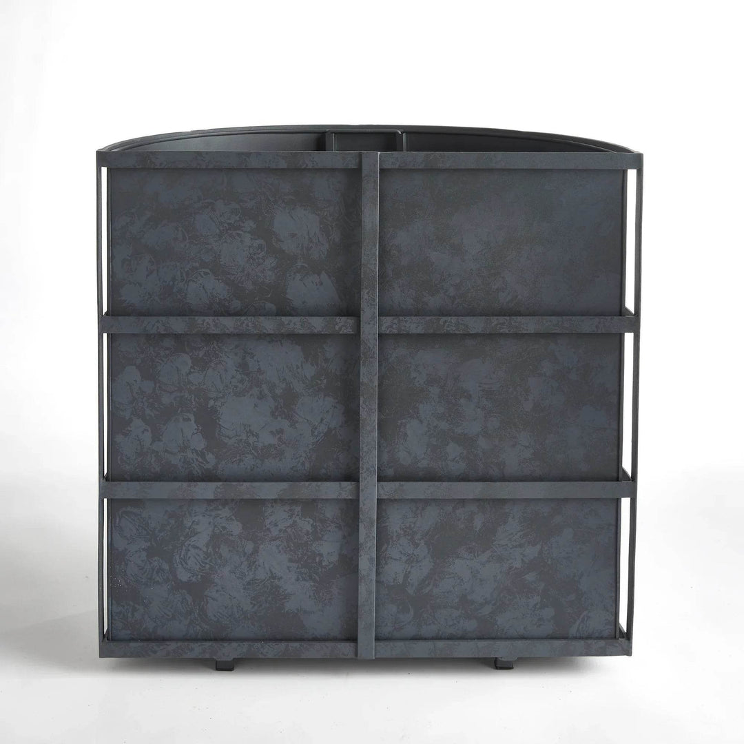 Back view of short demilune planter in antique gray with visible vertical and horizontal banding