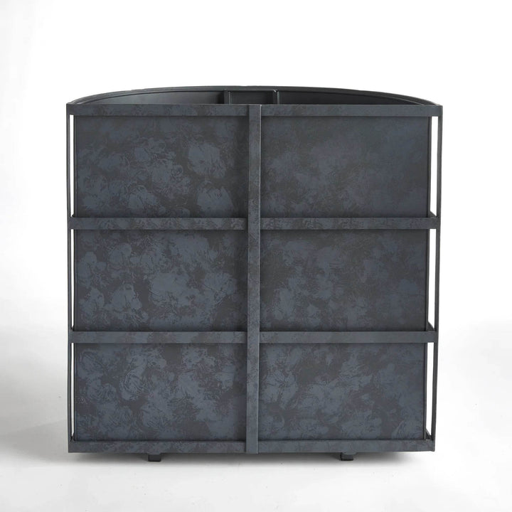 Back view of short demilune planter in antique gray with visible vertical and horizontal banding