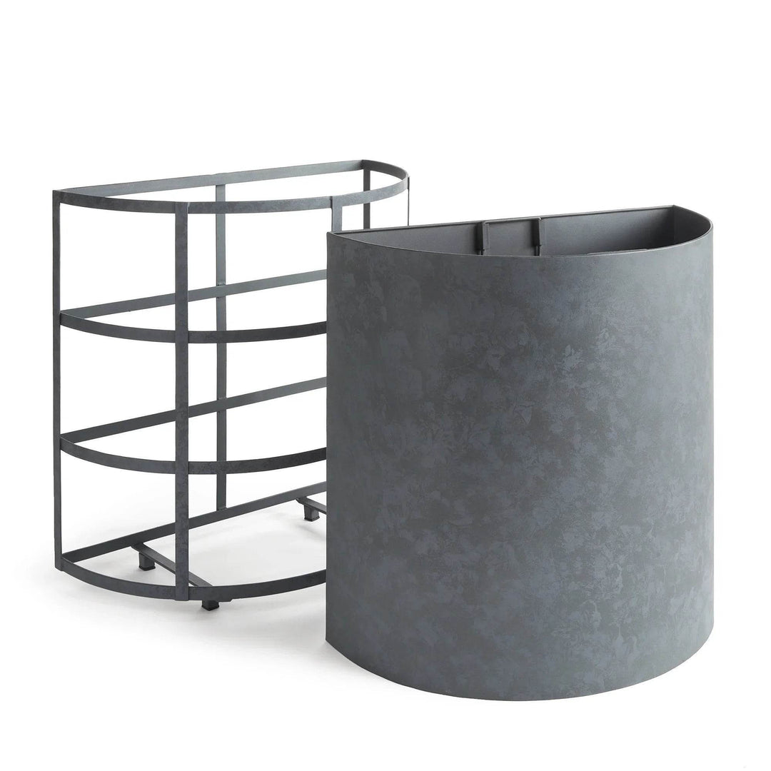 Close-up of recessed handle detail inside antique gray half-round planter's liner