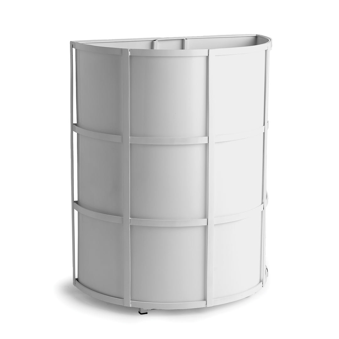 Angled view of powder-coated white half-round planter with arched back and clean lines, suited for modern porch or patio placement.