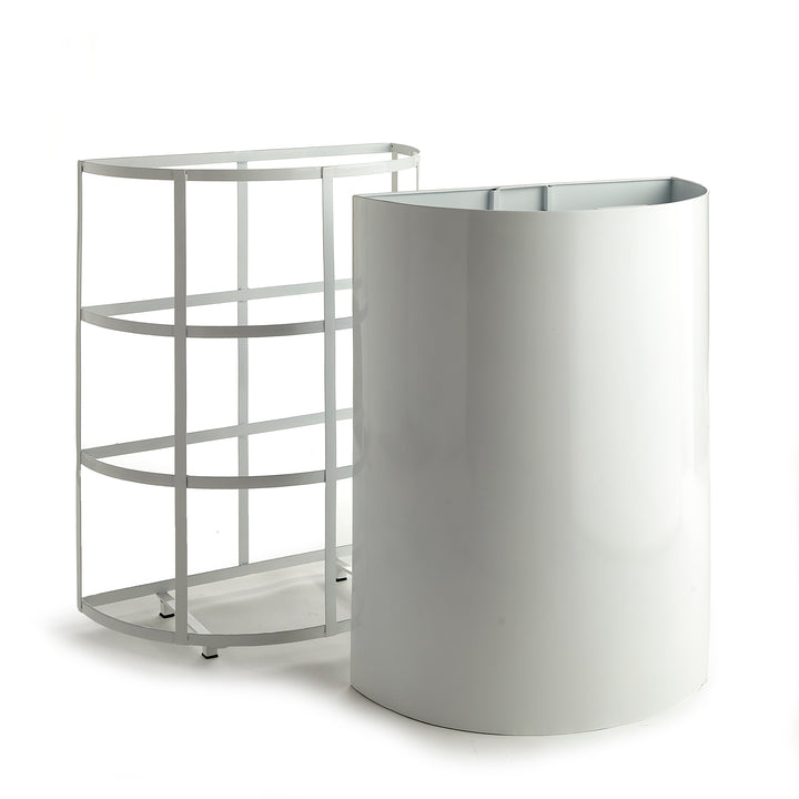White half-round planter shown with removable liner and raised iron frame for drainage, featuring subtle demilune shape reference.