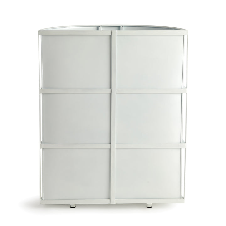Front-facing image of white half-round outdoor planter with grid band detail, ideal for architectural and transitional design palettes.