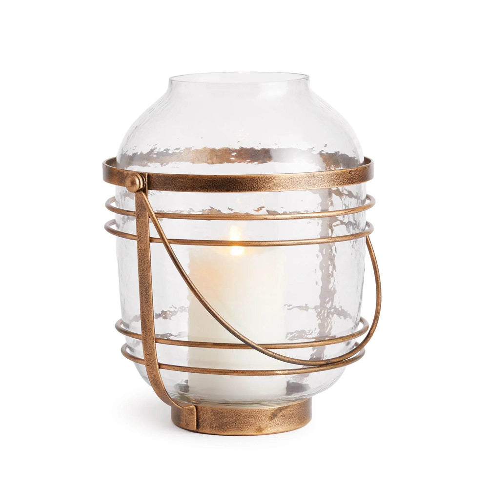 Studio shot of hammered glass hurricane lantern with antique gold iron frame and vessel, 10.25 inch for candles – Coastal