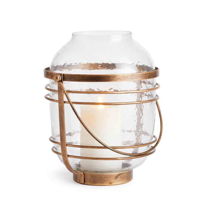 Studio shot of hammered glass hurricane lantern with antique gold iron frame and vessel, 10.25 inch for candles – Coastal