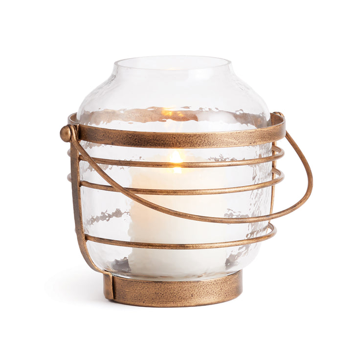 Medium hammered glass hurricane with antique gold iron frame, round vessel design for candles, 7 inch size – Coastal