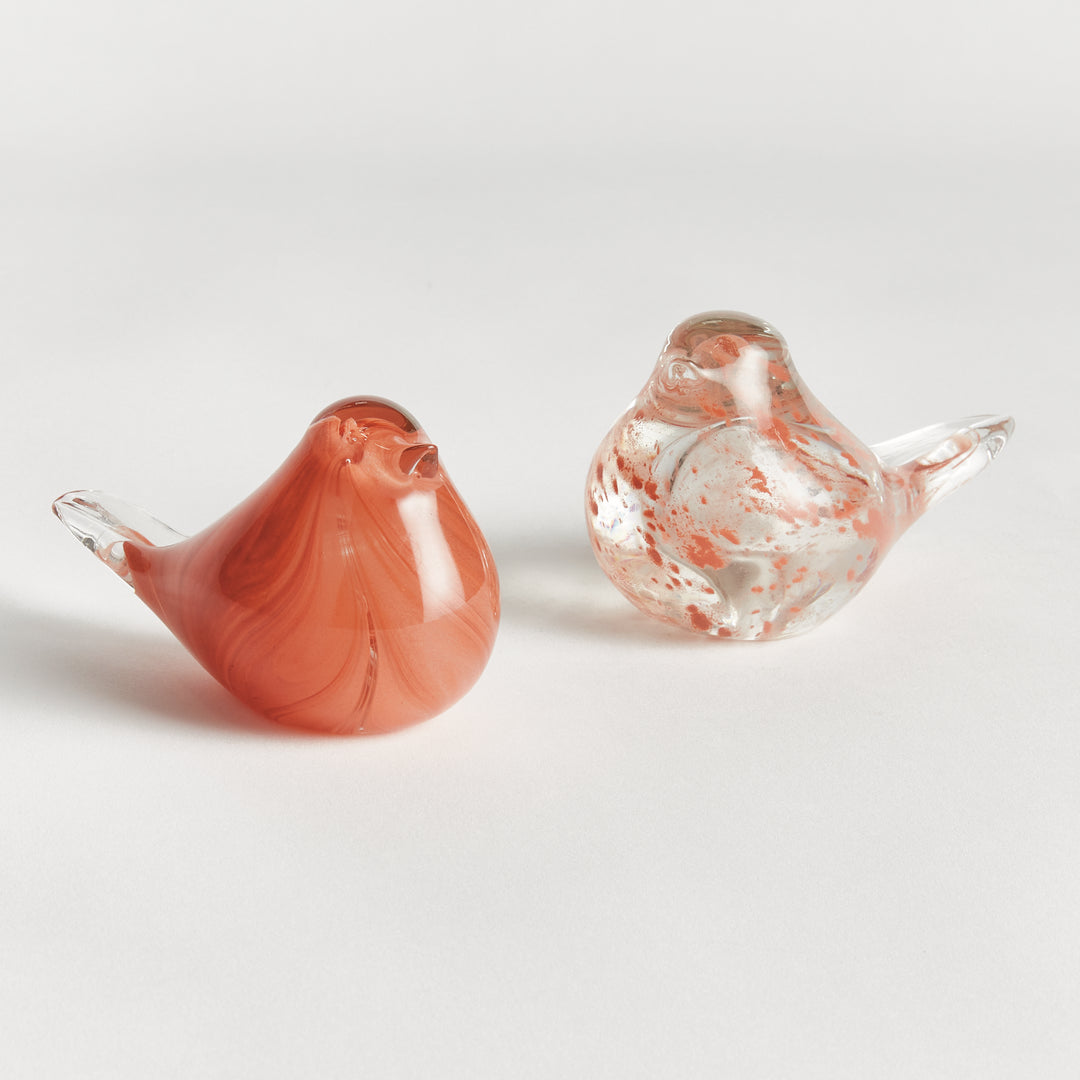 Hand blown melon glass finch sculptures set of two with rounded bird forms, decorative tabletop accents for shelves or tables.
