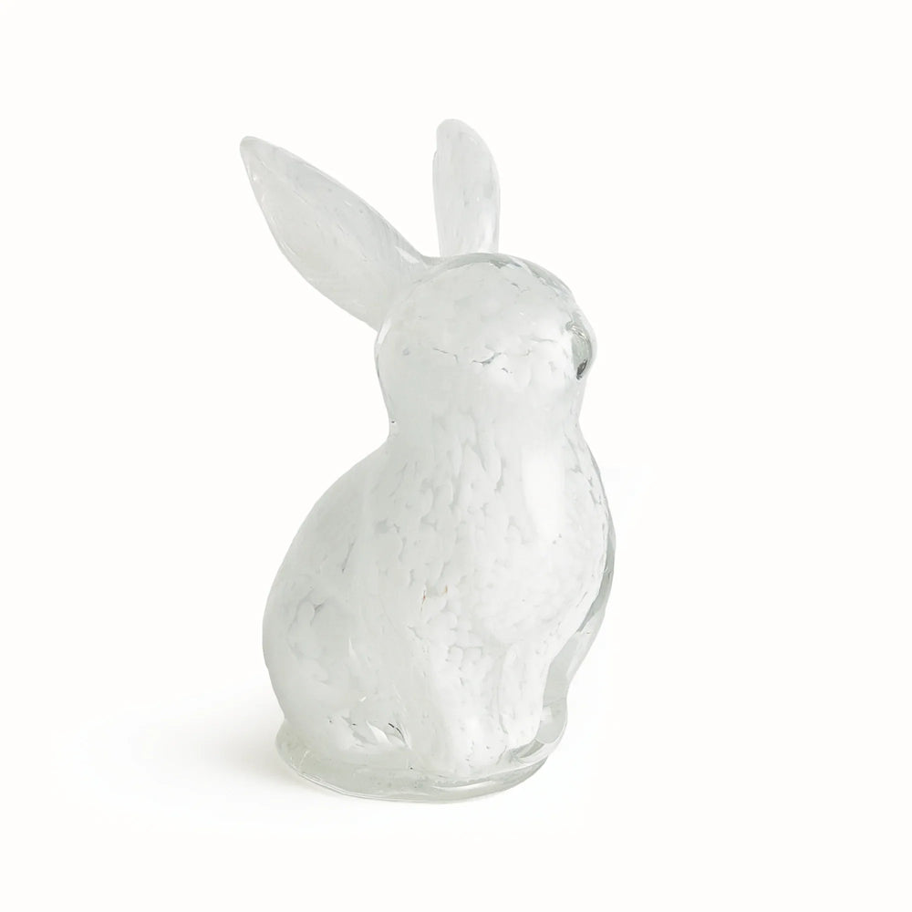 Hand blown white glass bunny sculpture with smooth rounded form, small tabletop accent for shelves, consoles, or decorative vignettes.