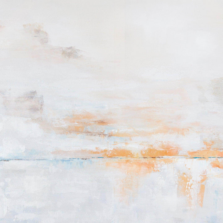 Close-up of textured abstract wall art showing hand-embellished brushwork in soft blue, white, and orange – Modern Coastal