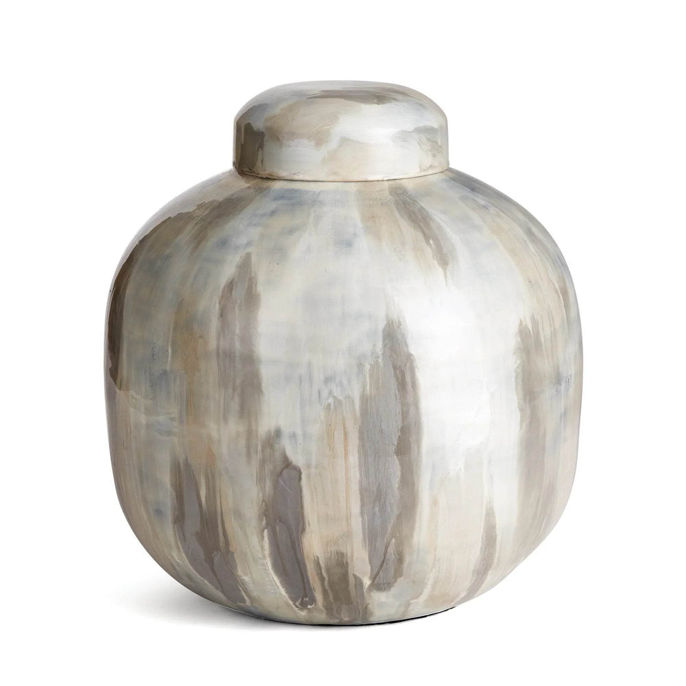 Studio view of hand-painted enameled iron lidded urn in cream and taupe tones, rounded silhouette with glossy finish, 14 inches tall – Transitional