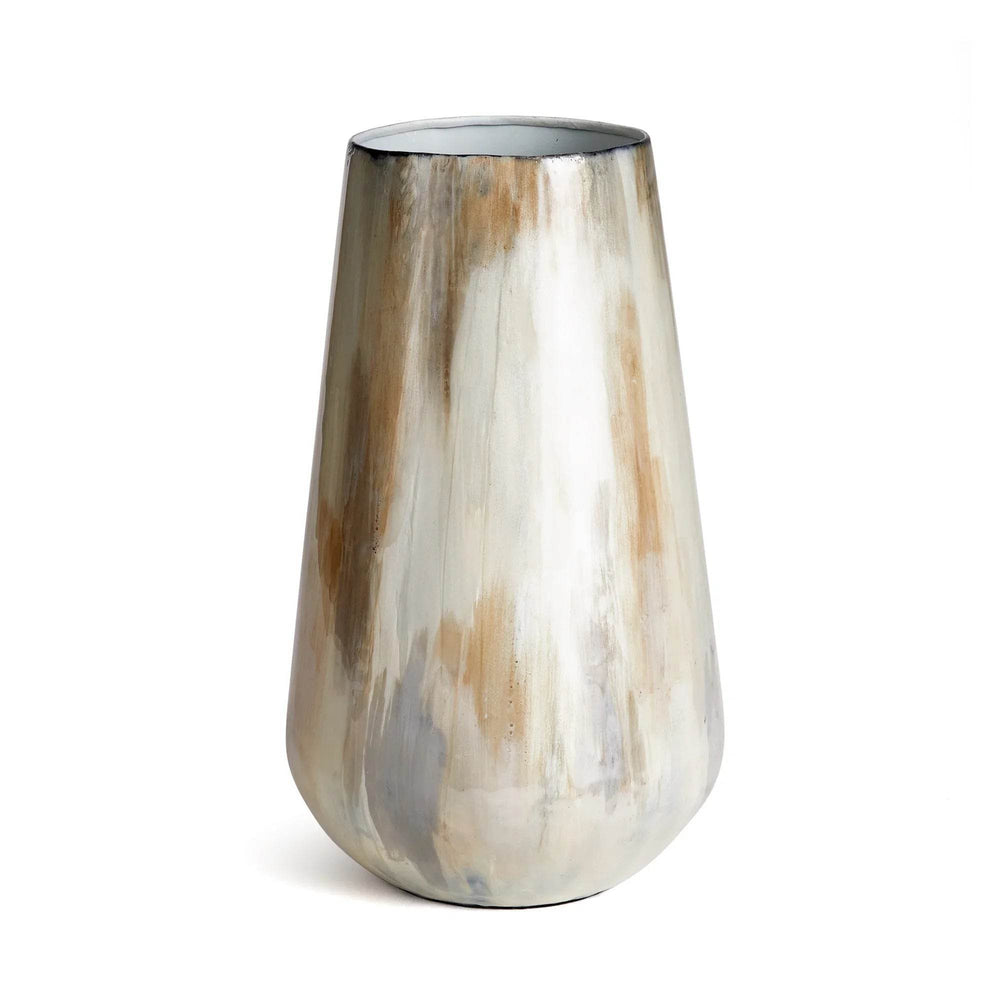 Studio silo of 12.5 inch enameled iron vase in neutral cream and taupe, tapered profile with narrow mouth – Transitional
