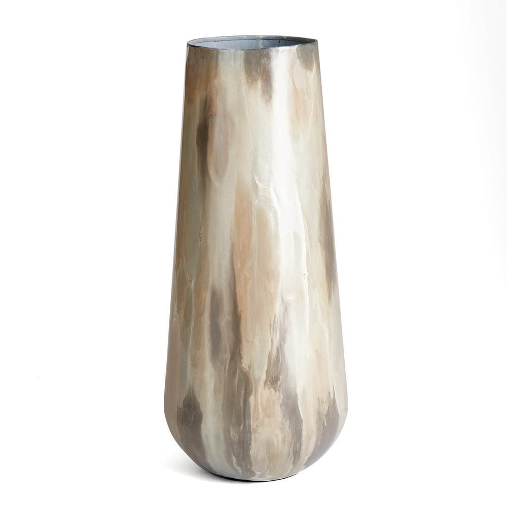 Studio view of hand-painted enameled iron vase in cream and taupe, 17.5 inch tapered cylinder shape – Transitional