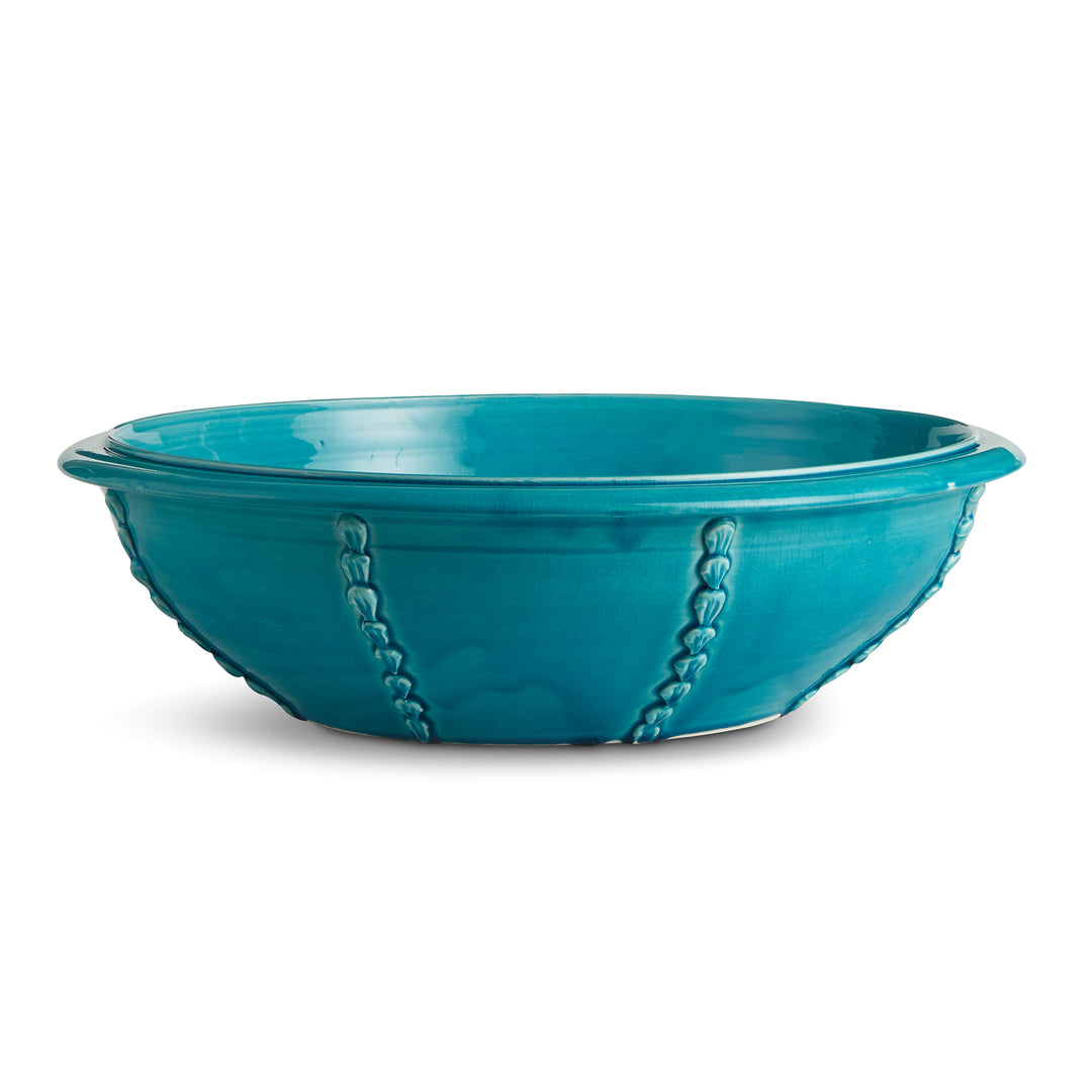 Handmade ceramic bowl with shell pattern in aqua glaze - Mediterranean coastal accent