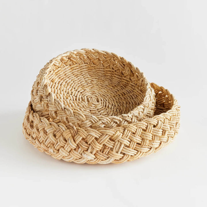 Stacked view of handwoven abaca baskets set of 2 in natural finish, French braid weave with low profile – Modern Farmhouse.