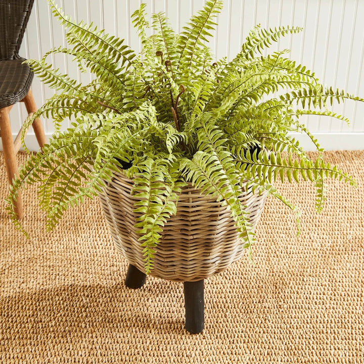 Handwoven rattan planter with full green foliage, placed on jute rug in a boho-style neutral room
