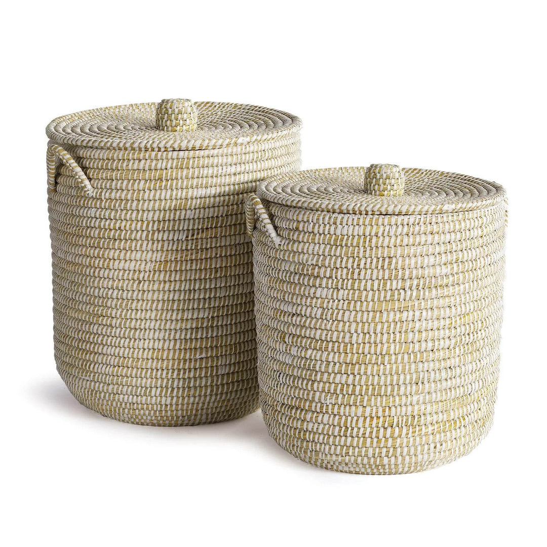 Set of two handwoven rivergrass hamper baskets with fitted lids and side handles for covered home storage – Coastal Organic.