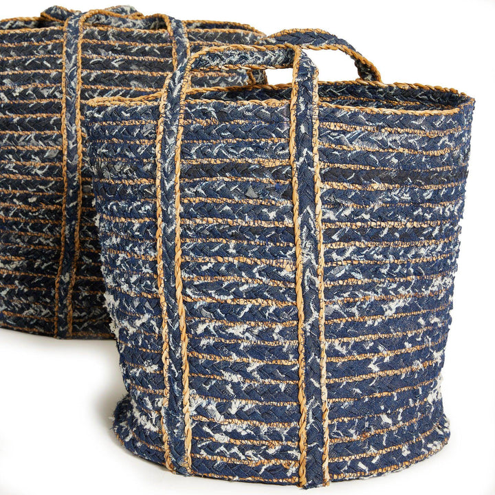 Full view of handwoven round denim baskets with rich blue tone and stitched handles
