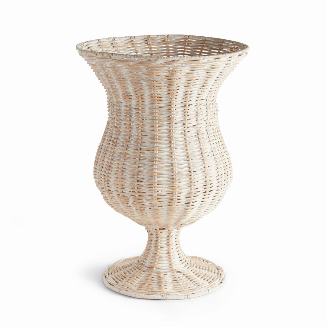 Handwoven tall whitewash rattan footed urn vase with a sculptural silhouette for faux stems and decorative styling – Coastal.
