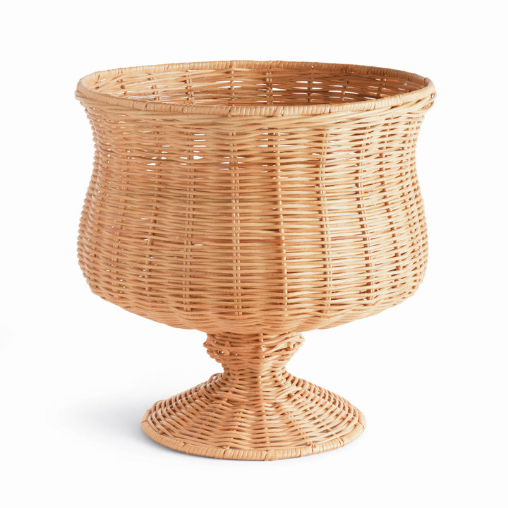 Handwoven wide natural rattan footed urn vase with a footed pedestal for faux botanicals and decorative styling – Coastal.